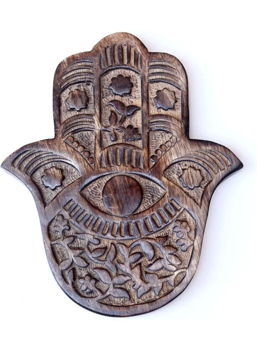 Hand-Carved Hamsa Wall Decor - Bohemian Mango Wood Art with Vines & Flowers
